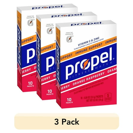 (3 pack) Propel Immune Support Electrolyte Orange Raspberry, Powered Energy Drink Mix Powder, 0.9 oz, 10 Count Packets