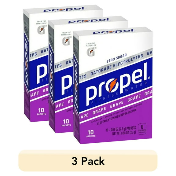 (3 pack) Propel Electrolyte Enhanced Water Drink Mix Powder Packets, Grape, Zero Calorie & Zero Sugar Hydration with Electrolytes and Vitamins C & E, (10 Packets)