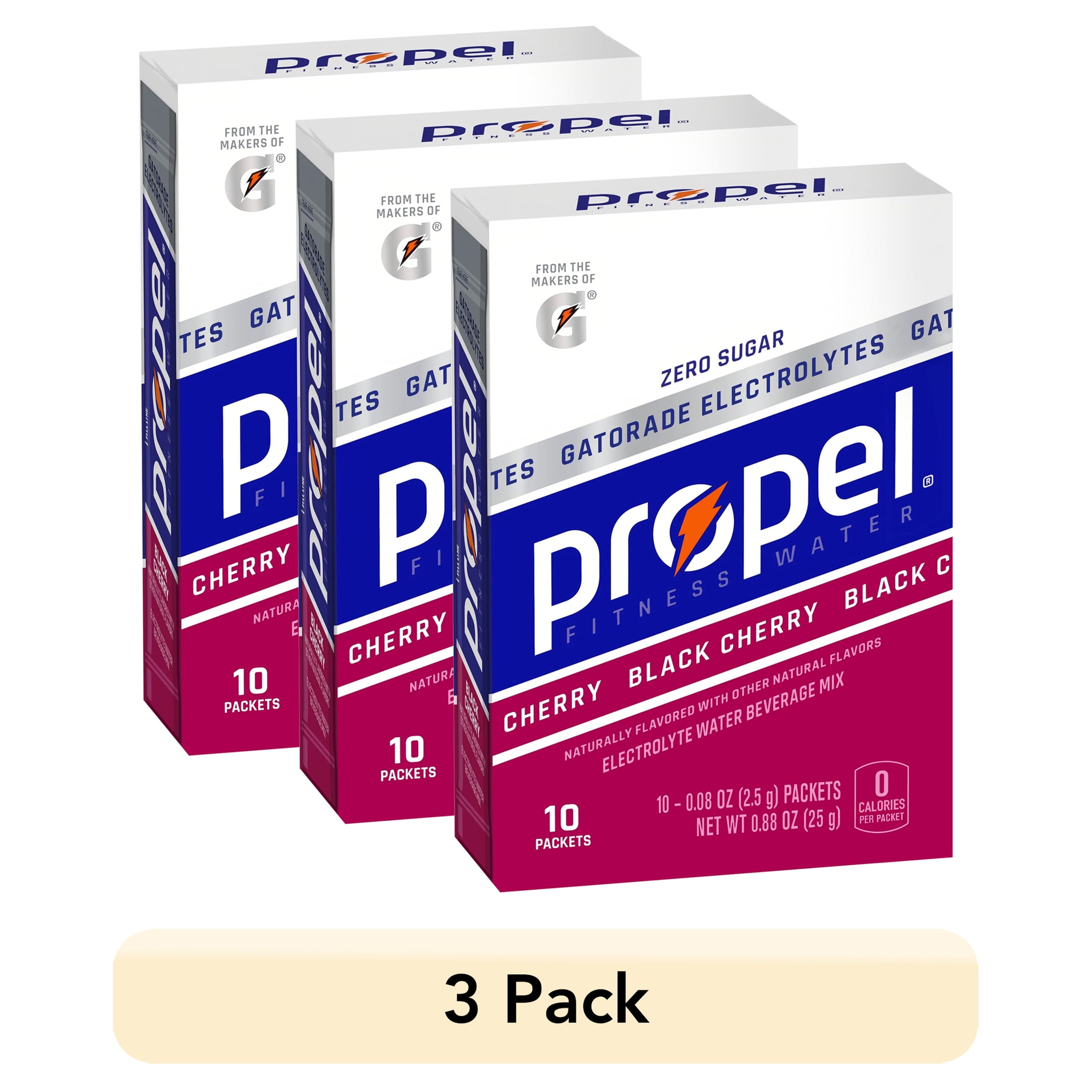 (3 pack) Propel Electrolyte Enhanced Water Drink Mix Powder Packets, Black Cherry, Zero Calorie & Zero Sugar Hydration with Electrolytes and Vitamins C & E, (10 Packets)