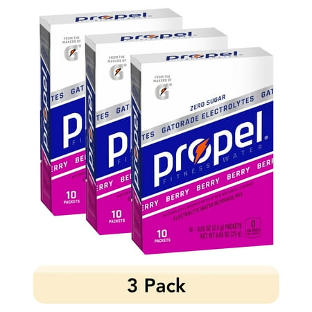 (3 pack) Propel Electrolyte Enhanced Water Drink Mix Powder Packets, Berry, Zero Calorie & Zero Sugar Hydration with Electrolytes and Vitamins C & E, (10 Packets)