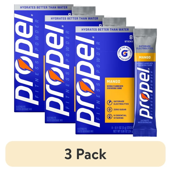 (3 pack) Propel Zero Sugar Mango, On the Go Packs, Electrolyte Powder Drink Mix, 0.11 oz, 8 Count packets