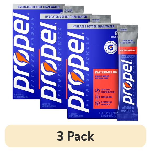 (3 pack) Propel Zero Sugar Watermelon, On the Go Packs, Electrolyte Powder Drink Mix, 0.11 oz, 8 Count packets