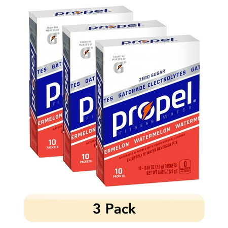 (3 pack) Propel Electrolyte Enhanced Water Drink Mix Powder Packets, Watermelon, Zero Calorie & Zero Sugar Hydration with Electrolytes and Vitamins C & E, (10 Packets)