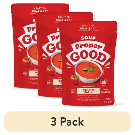 (3 pack) Proper Good Tomato Basil Soup, Ready in 90 Seconds, Shelf Stable Meal, 12 oz