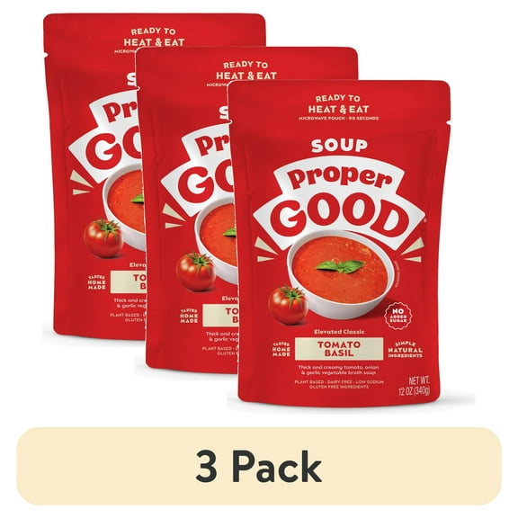 (3 pack) Proper Good Ready to Serve Tomato Basil Soup, 12 oz, Shelf-Stable