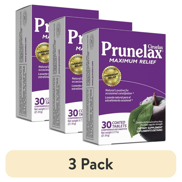 (3 pack) Prunelax Ciruelax Maximum Relief Natural Senna Extract Laxative for Occasional Constipation, 30 Count