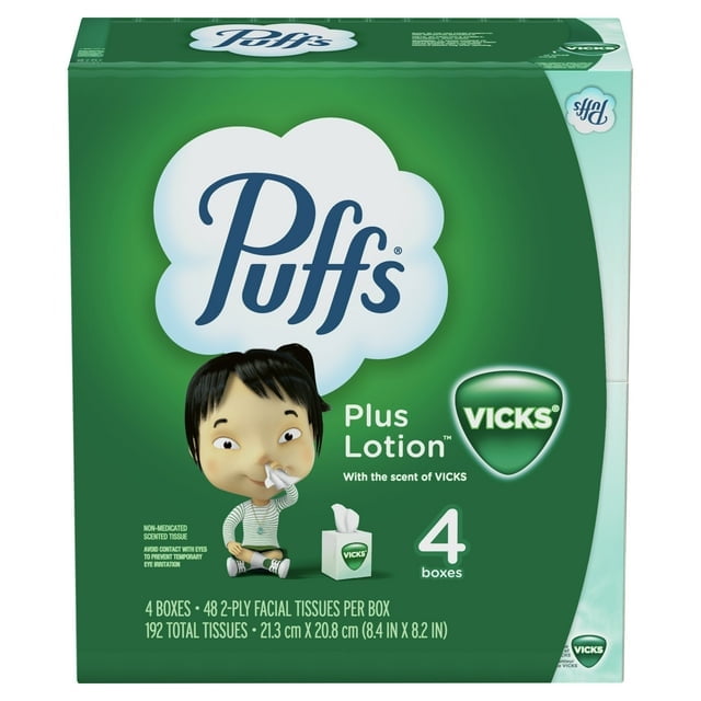 (3 pack) Puffs Plus Lotion with the Scent of Vicks Facial Tissue, White, 4 Cubes, 48 Facial Tissues per Box