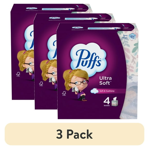 (3 pack) Puffs Ultra Soft Facial Tissues, 4 Mega Cubes, 72 Facial Tissues Per Box