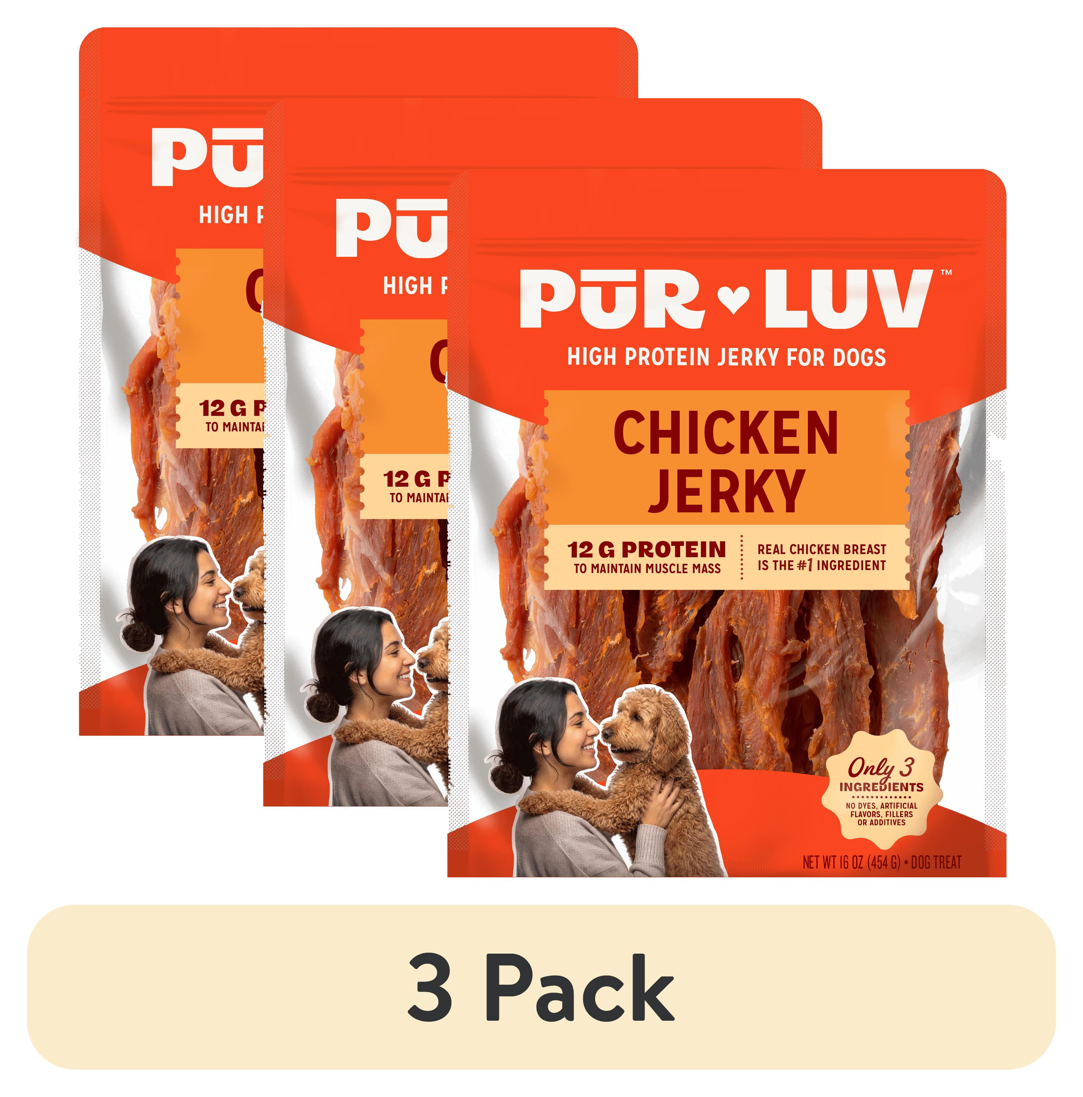 (3 pack) Pur Luv Chicken Jerky Dog Treats for Dogs, Rawhide-Free, Made with Real Chicken Breast, Healthy, Long-lasting and Great Tasting Treat, No Artificial Flavors, Satisfies Dog's Urge to Chew, 16 oz