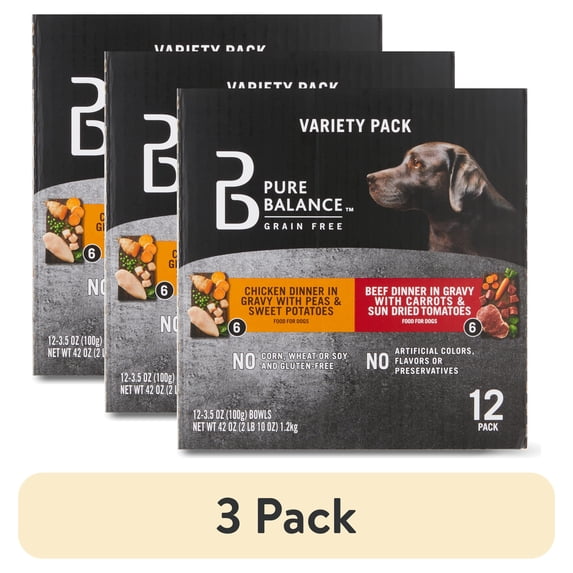 (3 pack) Pure Balance Grain Free Chicken Dinner in Gravy & Beef Dinner in Gravy Wet Dog Food Variety Pack, 3.5 oz, 12 Count