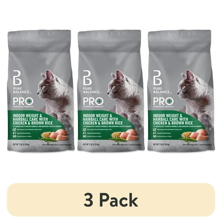 (3 pack) Pure Balance Pro+ Indoor Weight & Hairball Care Chicken & Brown Rice Dry Cat Food, 7 lbs