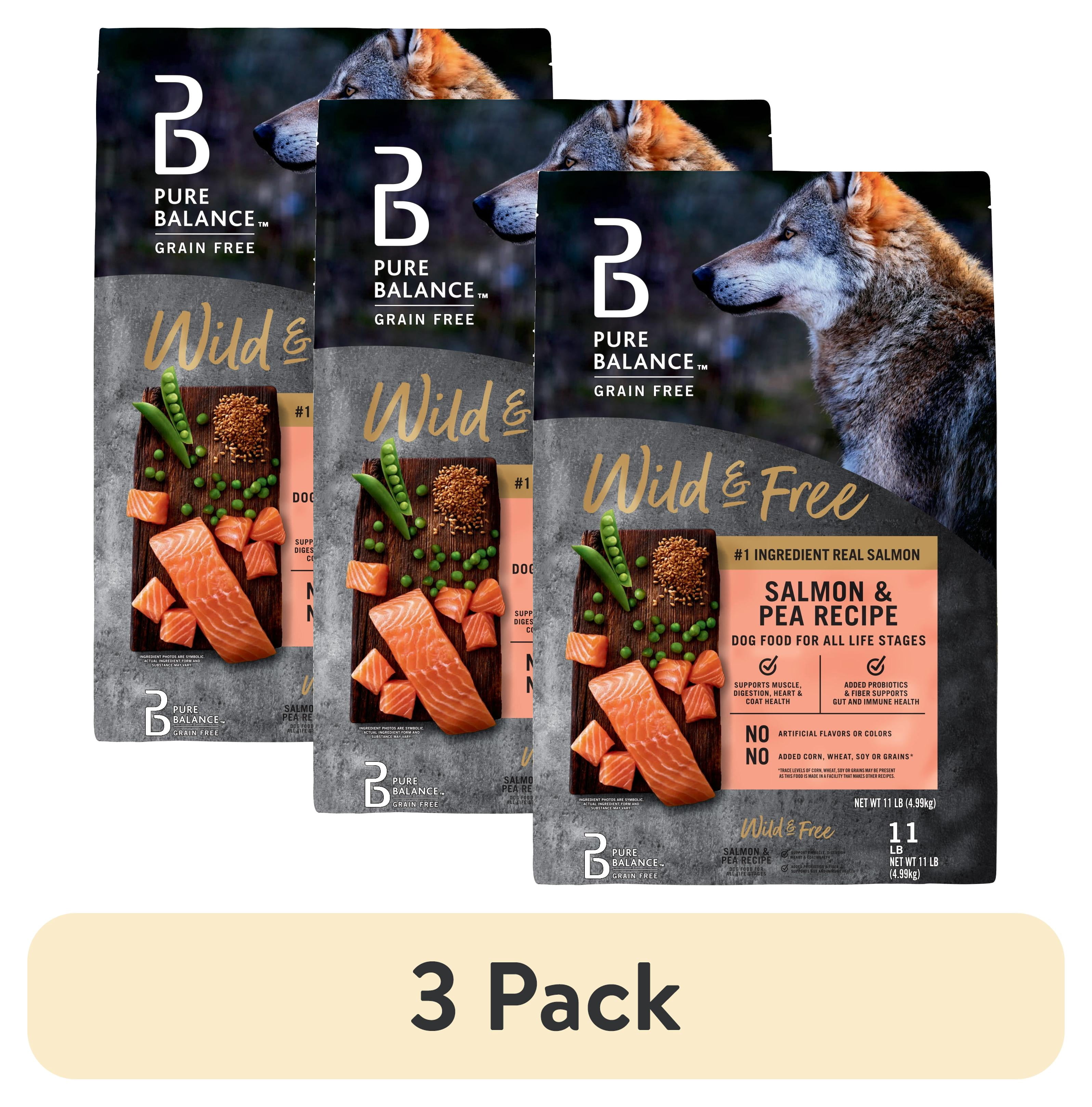 (3 pack) Pure Balance Wild & Free Grain-Free Salmon & Pea Recipe Dry Dog Food, 11 lbs