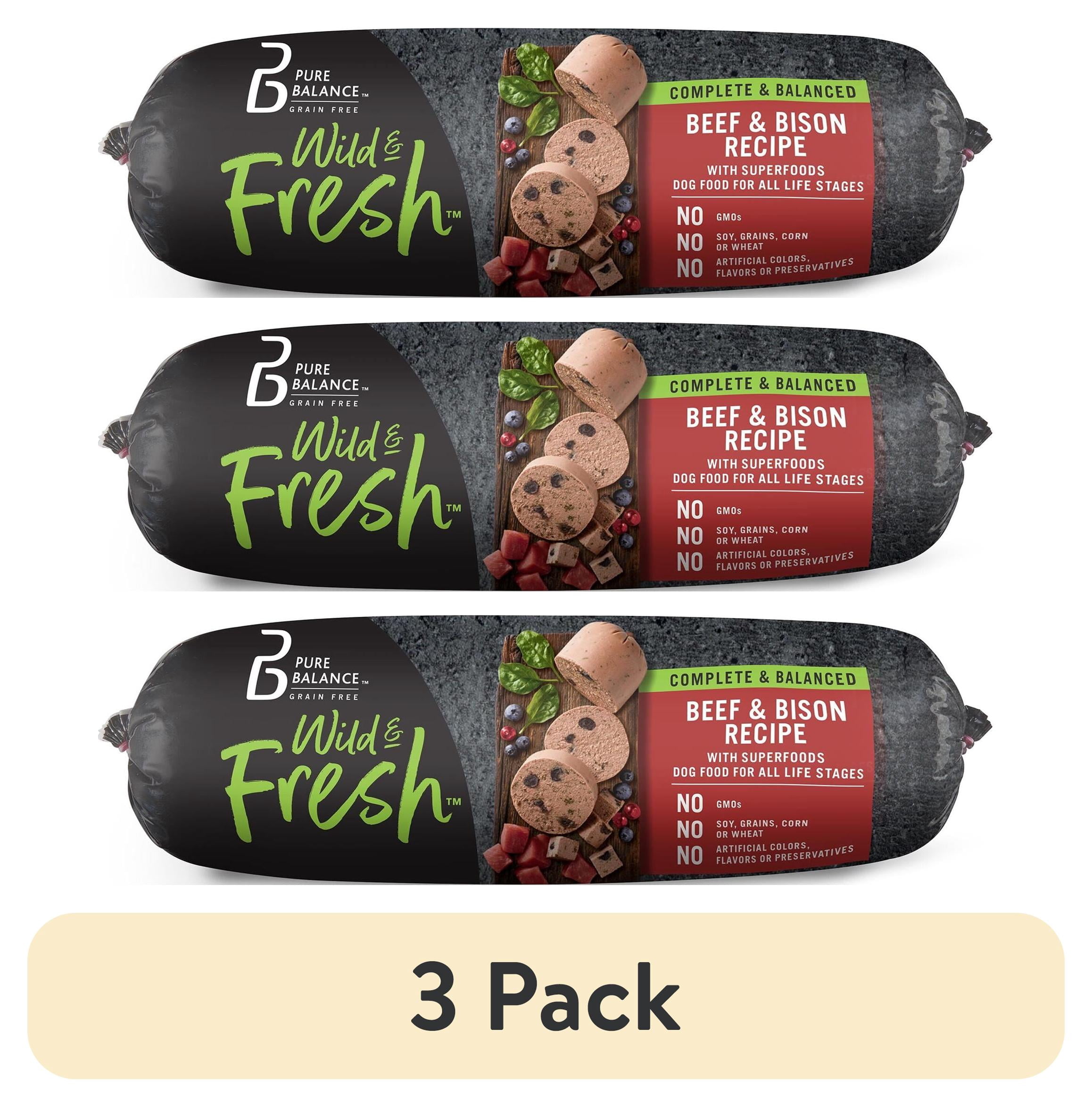 (3 pack) Pure Balance Wild & Fresh Dog Food, Beef & Bison Recipe, Rolled Chub, Dog Food For All Lifestages, 2 lb