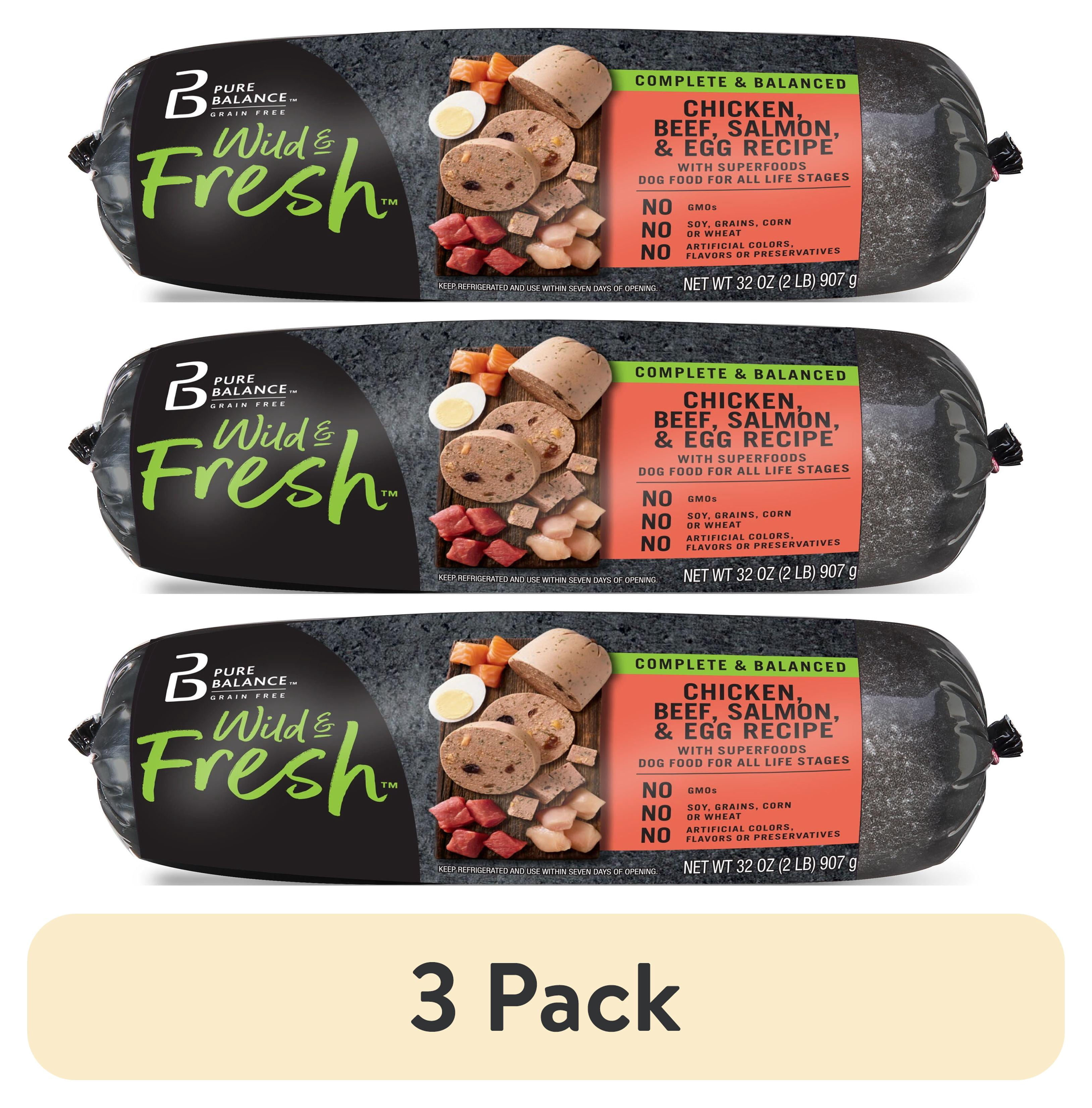 (3 pack) Pure Balance Wild & Fresh Dog Food, Chicken, Beef, Salmon & Egg Recipe, 2 lb