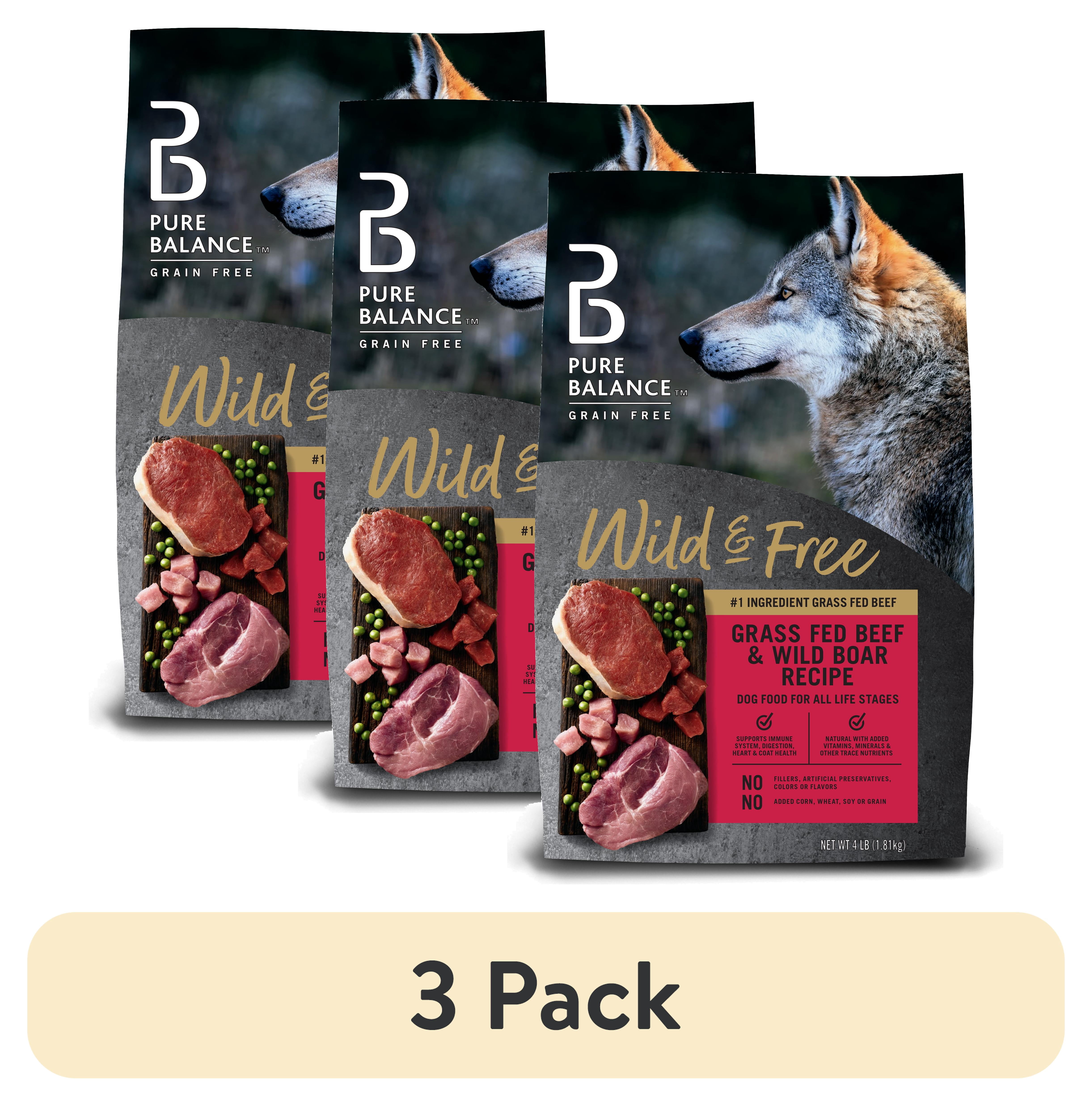 (3 pack) Pure Balance Wild and Free Grass Fed Beef and Wild Boar Recipe Grain Free Dry Dog Food, 4 lb