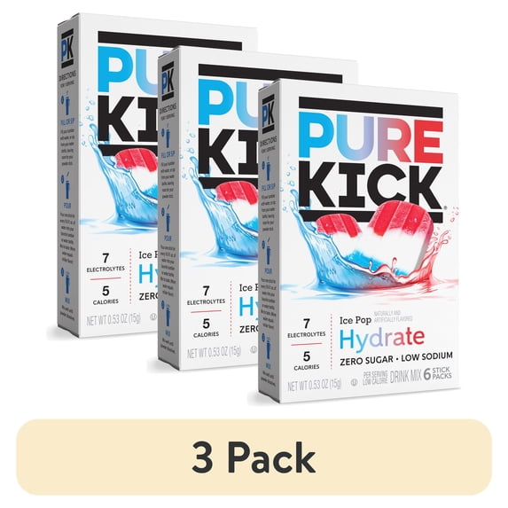 (3 pack) Pure Kick Ice Pop, Hydration Electrolyte Powdered Drink Mix, 6 Count Packets