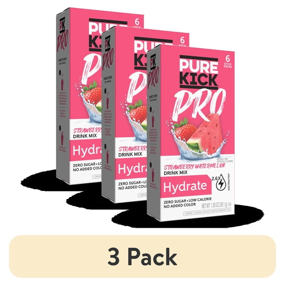 (3 pack) Pure Kick Pro Strawberry Watermelon, Hydration Electrolyte Powdered Drink Mix, 6 Count Packets