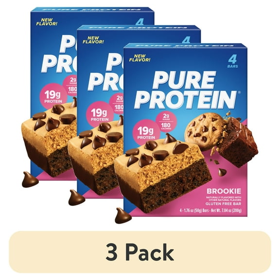 (3 pack) Pure Protein Bar, Brookie Bar, 19g Protein, Gluten Free, 1.76 oz, 4 Ct