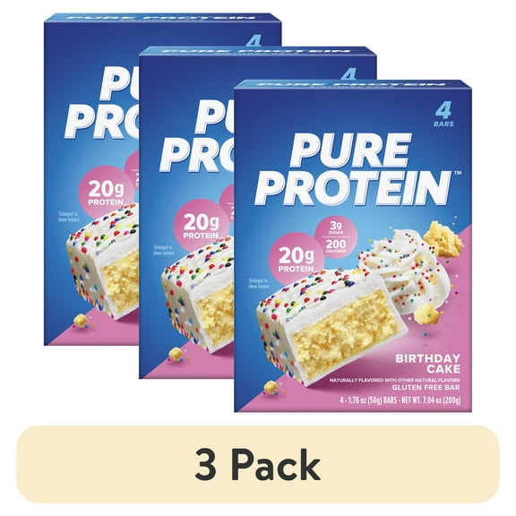 (3 pack) Pure Protein Bars, Birthday Cake, 20g Protein, Gluten Free, 1.76 oz, 4 Ct