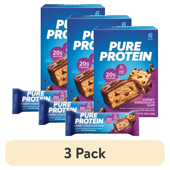 (3 pack) Pure Protein Bars, Chewy Chocolate Chip, 20g Protein, 1.76 oz, 6 Ct