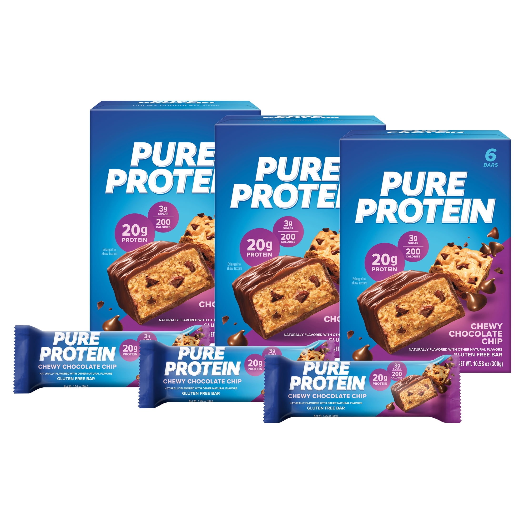 (3 pack) Pure Protein Bars, Chewy Chocolate Chip, 20g Protein, 1.76 oz ...