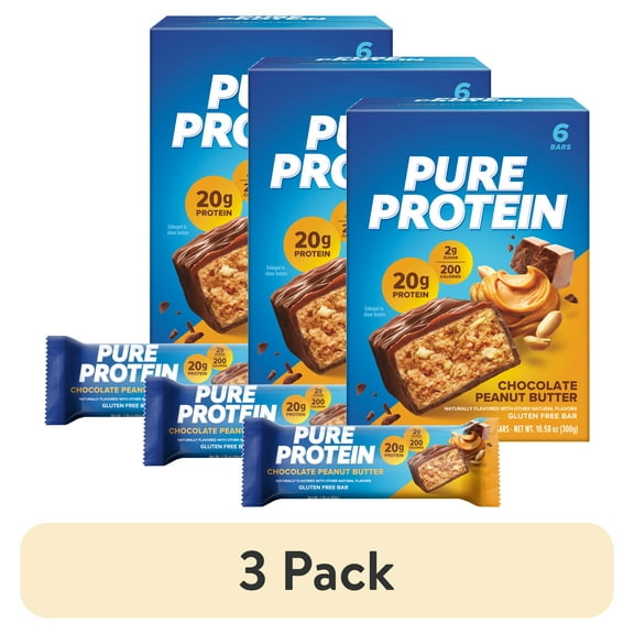 (3 pack) Pure Protein Bars, Chocolate Peanut Butter, 20g Protein, Gluten Free, 1.76 oz, 6 Ct