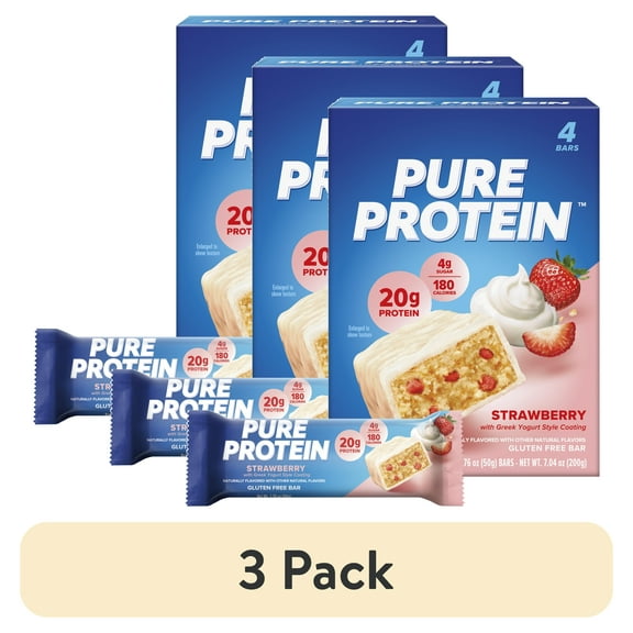 (3 pack) Pure Protein Bars, Strawberry Greek Yogurt, 20g Protein, Gluten Free, 1.76 oz, 4 Ct