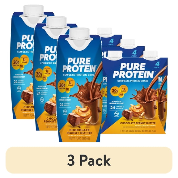 (3 pack) Pure Protein Chocolate Peanut Butter Complete Protein Shake, Gluten Free, 11 fl oz, 4 Ct