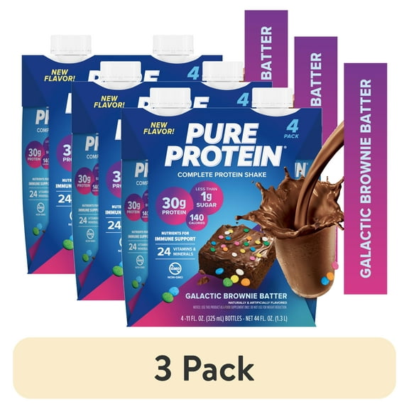 (3 pack) Pure Protein, Galactic Brownie Batter Shake, 30g Protein, 11 fl oz, 4 Count