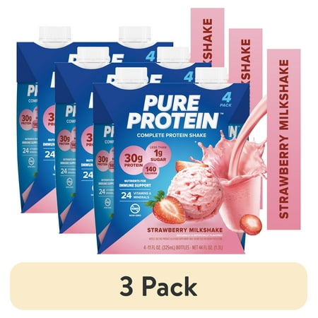 (3 pack) Pure Protein Shake, Strawberry Milkshake, 30g Protein, 11 fl oz, 4 Count