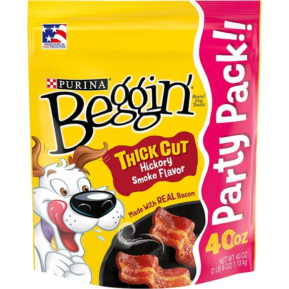(3 pack) Purina Beggin' Strips Dog Treats Thick Cut Hickory Smoke Bacon Tender Chews, 40 oz Pouch