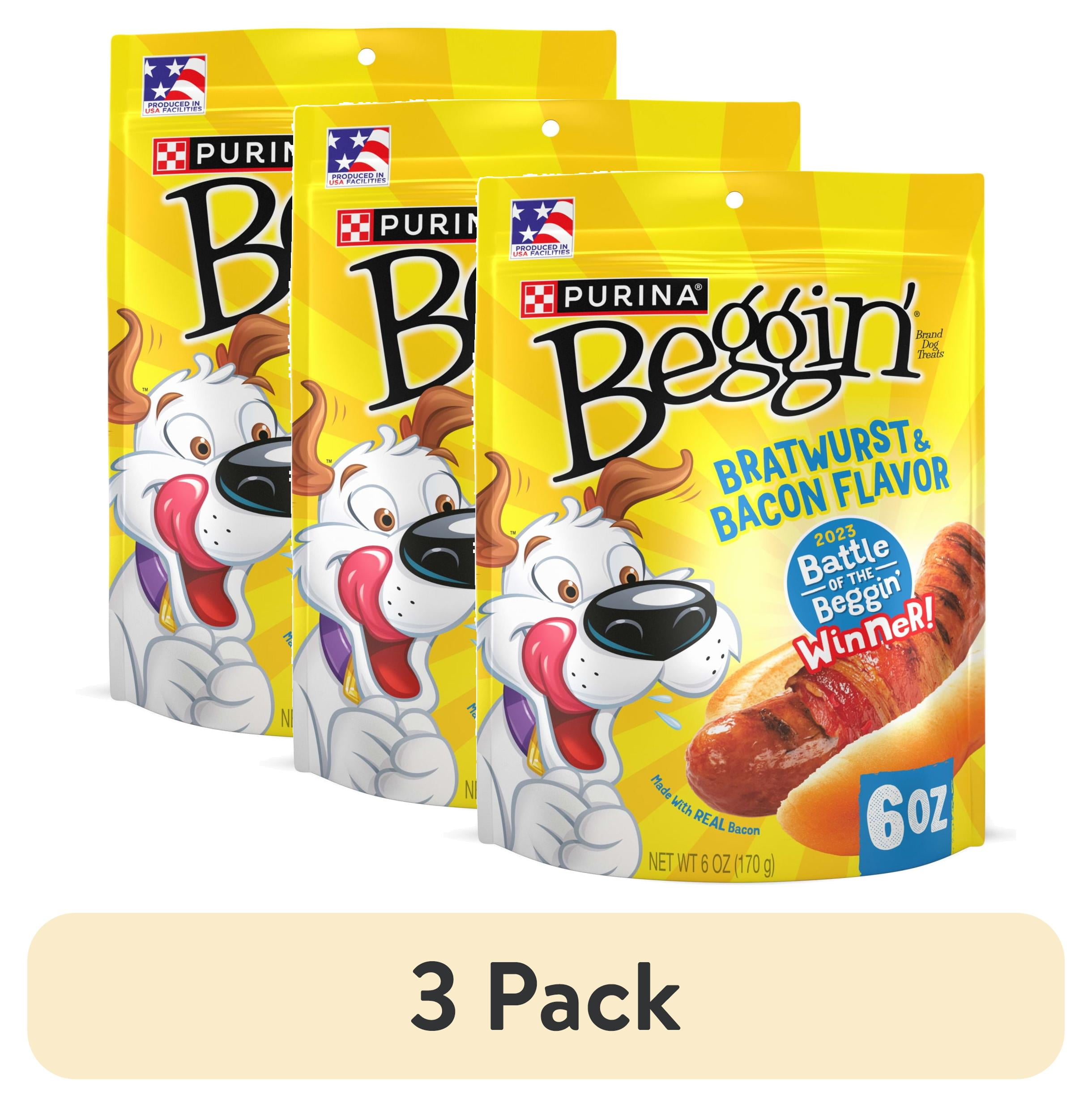 (3 pack) Purina Beggin' Strips Dog Treats with Real Bacon & Bratwurst Flavors Tender Chews, 6 oz Pouch