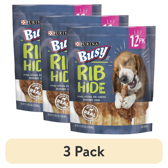 (3 pack) Purina Busy Bone Small & Medium Dog Treats Ribhide with Real Beef Chews, 17.5 oz Pouch