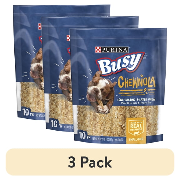 (3 pack) Purina Busy Rawhide Small/Medium Breed Dog Bones, Chewnola With Oats & Brown Rice, 20 oz. Pouch