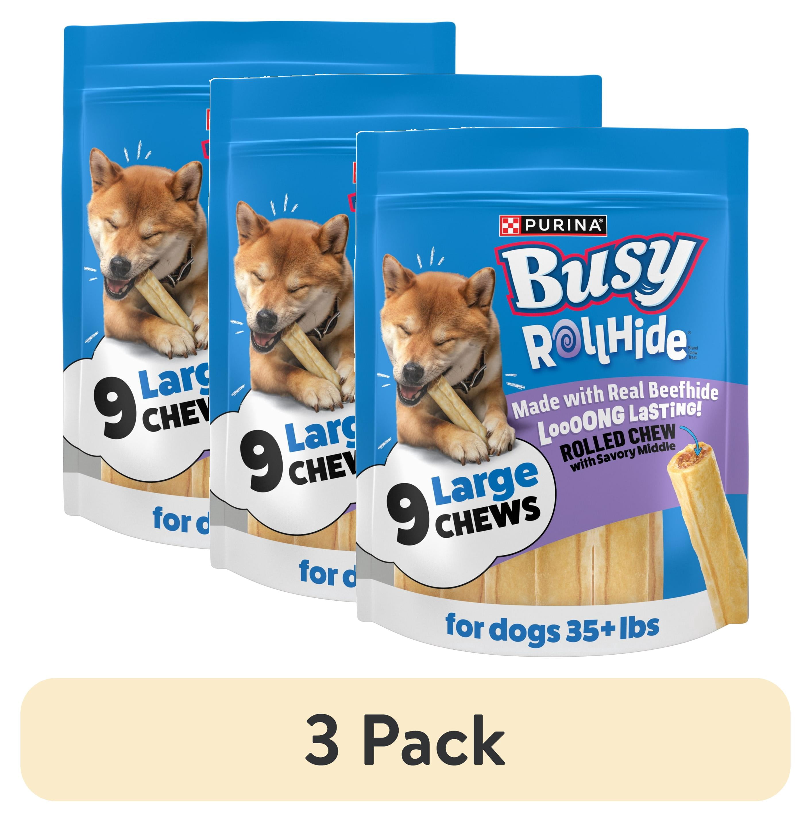 (3 pack) Purina Busy Rollhide Rawhide Dog Treats for Large Dogs Made with Real Beefhide, 12 oz, 5 Pack