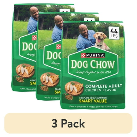 (3 pack) Purina Dog Chow Complete, Dry Dog Food for Adult Dogs High Protein, Real Chicken, 44 lb Bag