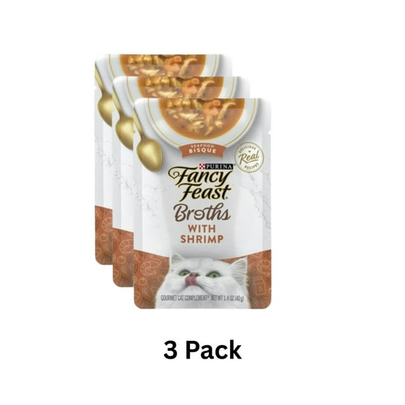 (3 pack) Purina Fancy Feast Broths Shrimp Seafood Bisque Wet Cat Food, 1.4 oz Pouch
