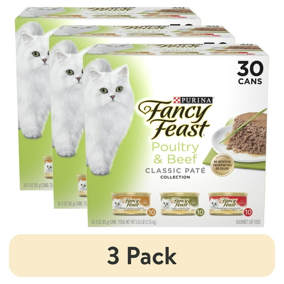 (3 pack) Purina Fancy Feast Classic Pate Food, Wet Cat Food, Poultry & Beef, 3 oz Cans (30 Pack)