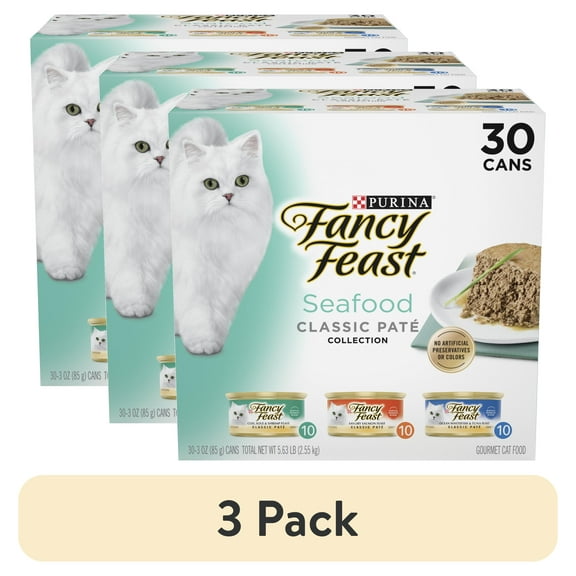 (3 pack) Purina Fancy Feast Classic Pate, Wet Cat Food, Seafood, 3 oz Cans (30 Pack)