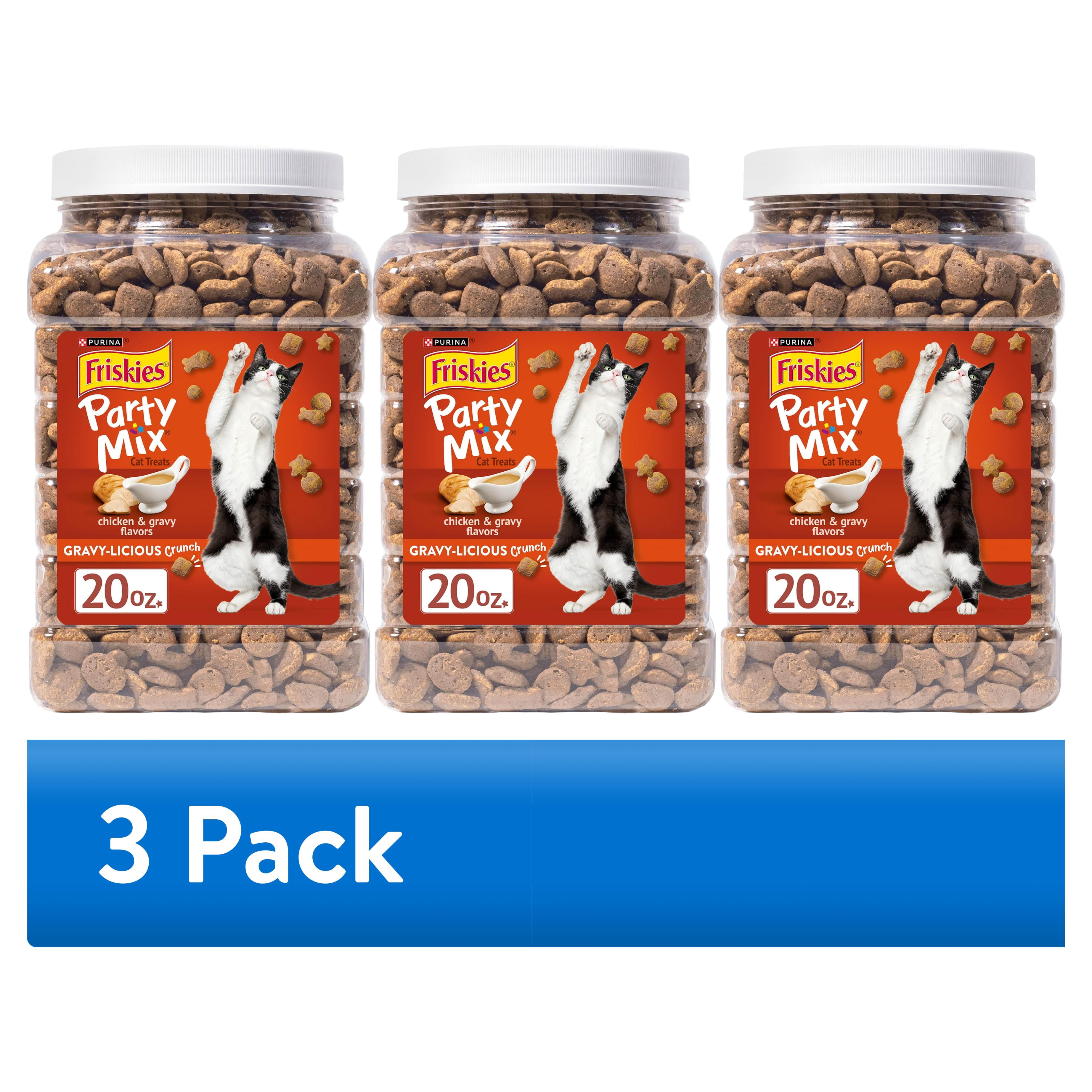 (3 pack) Purina Friskies Cat Treats, Party Mix Gravy-licious Crunch Chicken and Gravy Flavors, 20 oz. Canister