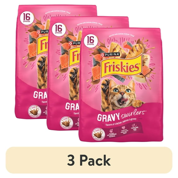 (3 pack) Purina Friskies Gravy Swirlers Dry Cat Food Flavors of Chicken, Salmon and Gravy, 16 lb Bag