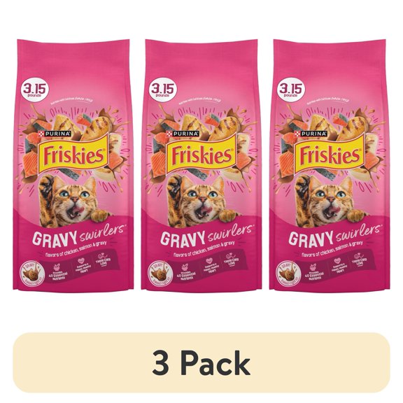 (3 pack) Purina Friskies Gravy Swirlers Dry Cat Food Flavors of Chicken, Salmon and Gravy, 3.15 lb Bag