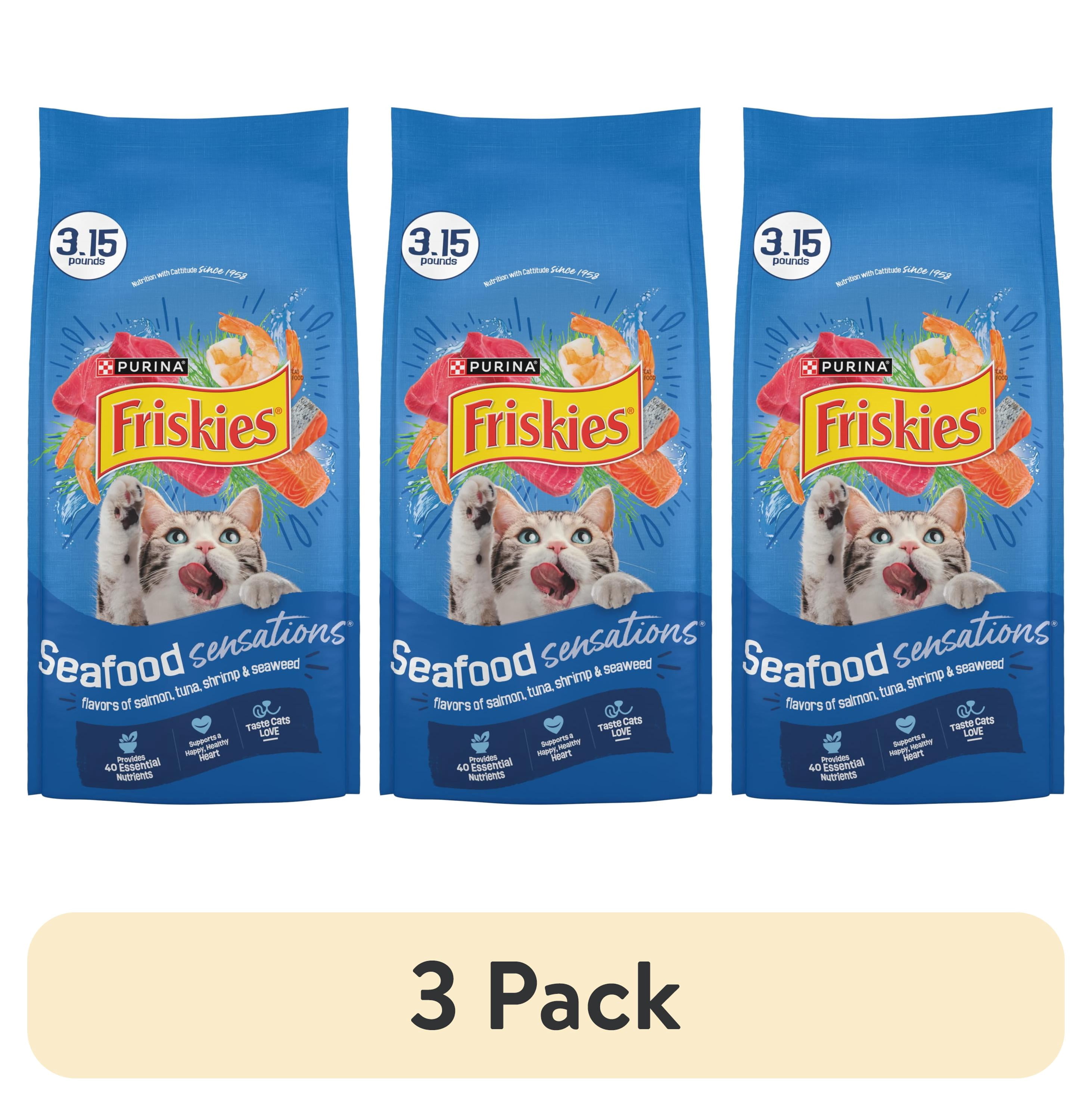 (3 pack) Purina Friskies Dry Cat Food Seafood Sensations with Salmon, Tuna, and Shrimp Flavors, 3.15 lb Bag