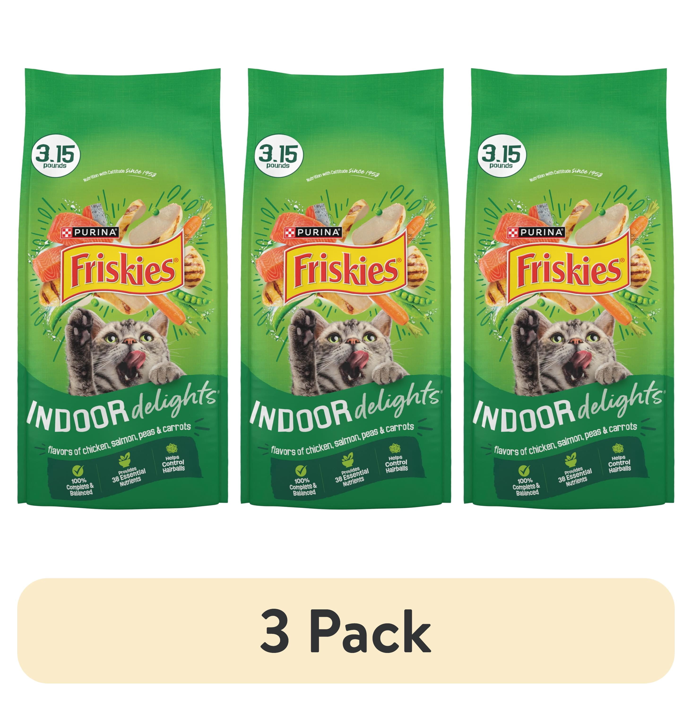 (3 pack) Purina Friskies Indoor Delights Dry Cat Food Flavors of Chicken, Salmon, Peas, and Carrots, 3.15 lb Bag