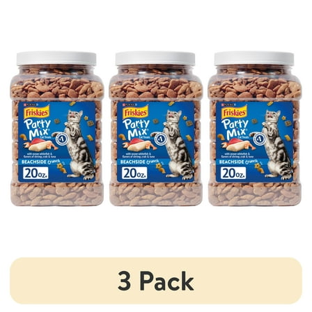 (3 pack) Purina Friskies Party Mix Beachside Crunch, Cat Treats, Shrimp, Crab, & Tuna, 20 oz Canister