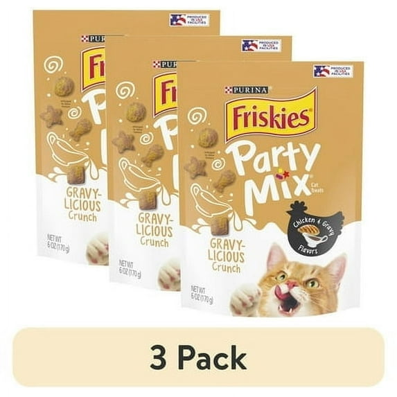 (3 pack) Purina Friskies Party Mix Gravy-licious, Cat Treats, Chicken & Gravy, 6 oz Bag
