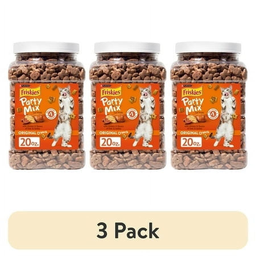 (3 pack) Purina Friskies Party Mix Original Crunch, Cat Treats, Chicken, Liver, & Turkey, 20 oz Canister