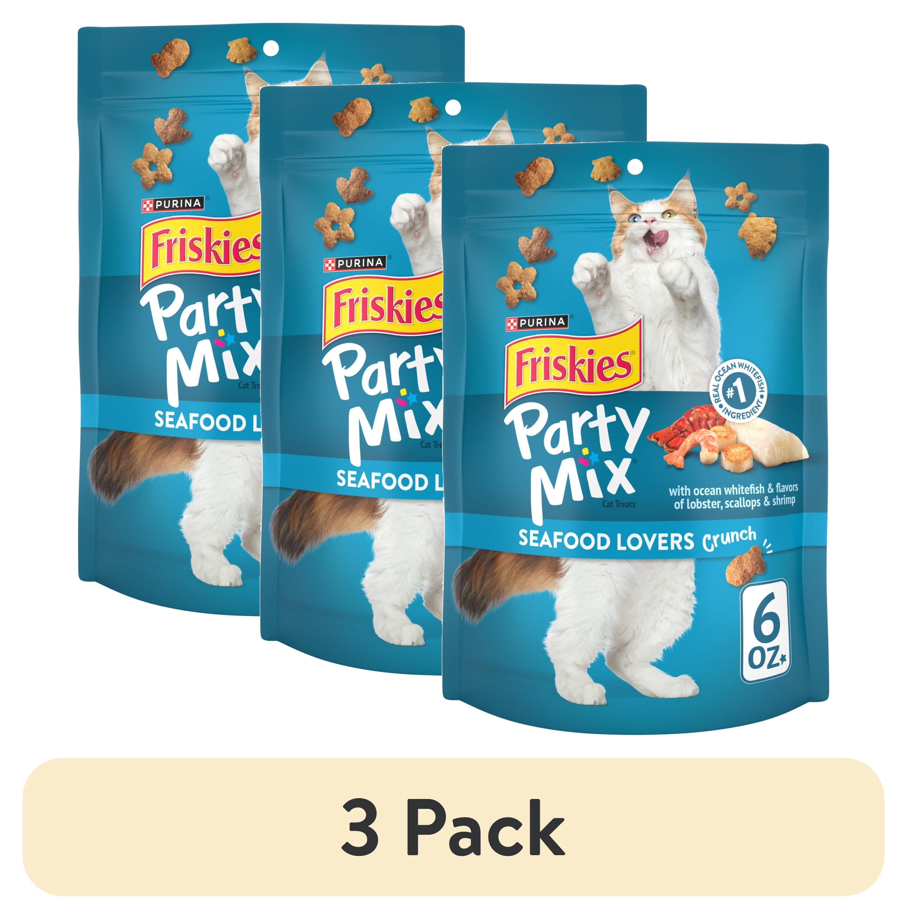 (3 pack) Purina Friskies Party Mix Seafood Lovers Crunch, Cat Treats, Scallop, Lobster, & Shrimp, 6 oz Bag