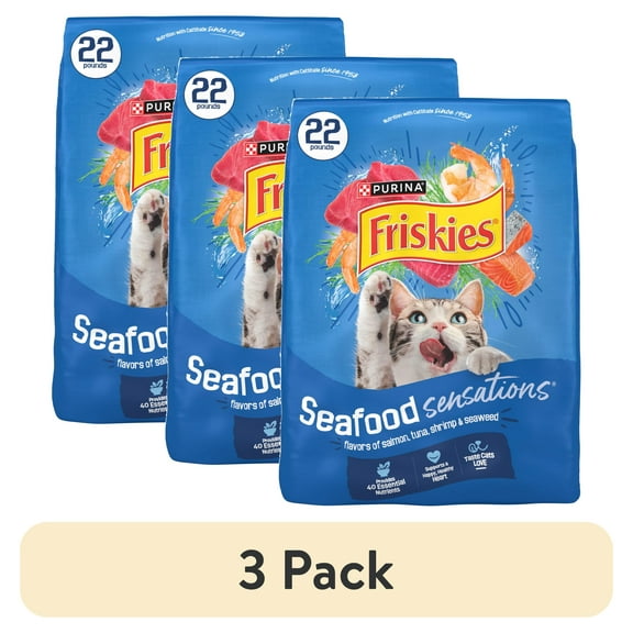 (3 pack) Purina Friskies Dry Cat Food Seafood Sensations with Salmon, Tuna, and Shrimp Flavors, 22 lb Bag