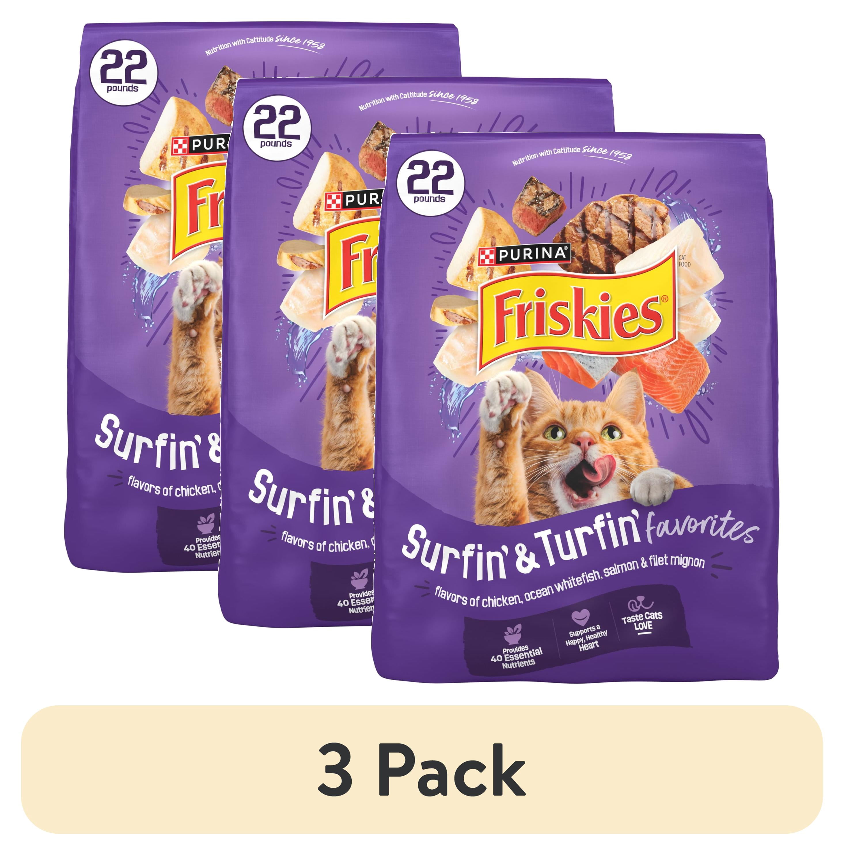 (3 pack) Purina Friskies Surfin and Turfin Dry Cat Food Flavors of Chicken, Whitefish, Salmon and Filet Mignon, 22 lb Bag